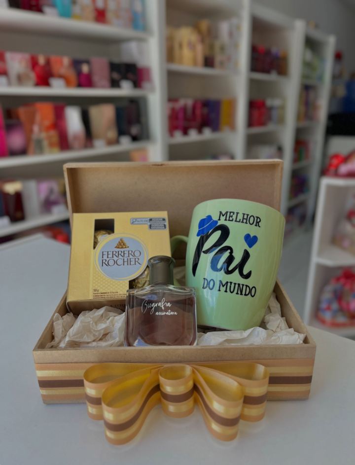 Caixa de presente com perfume, bombons e caneca Melhor Pai do Mundo